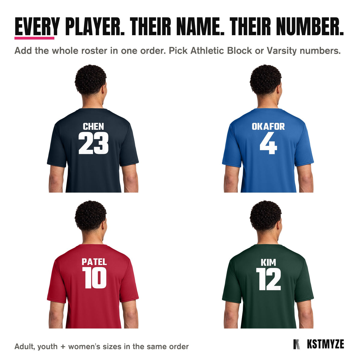 Every player, their name and number: Port & Company PC380 Performance Team Tee backs with CHEN 23 on Deep Navy, OKAFOR 4 on Royal, PATEL 10 on Red, KIM 12 on Dark Green