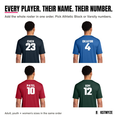 Every player, their name and number: Port & Company PC380 Performance Team Tee backs with CHEN 23 on Deep Navy, OKAFOR 4 on Royal, PATEL 10 on Red, KIM 12 on Dark Green