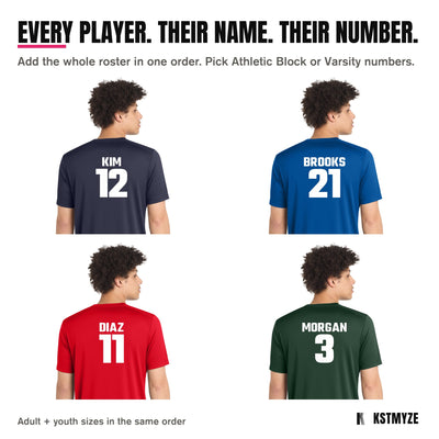 Every player, their name and number: Sport-Tek ST420 Posi-UV Pro Team Tee backs with KIM 12 on True Navy, BROOKS 21 on True Royal, DIAZ 11 on True Red, MORGAN 3 on Forest Green