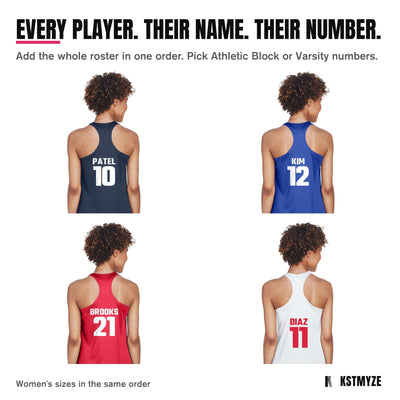 Every player, their name and number: Team 365 TT11WRC Women's Zone Performance Racerback Team Tank backs with PATEL 10 on Sport Dark Navy, KIM 12 on Sport Royal, BROOKS 21 on Sport Red, DIAZ 11 on White