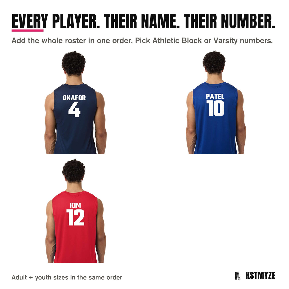 Every player, their name and number: Team 365 TT115 Zone Performance Reversible Team Jersey backs with OKAFOR 4 on Sport Dark Navy/ White, PATEL 10 on Sport Royal/ White, KIM 12 on Sport Red/ White