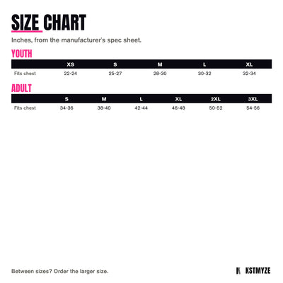 Mitzvah Party Hoodie size chart: youth XS to XL and adult S to 3XL, chest in inches