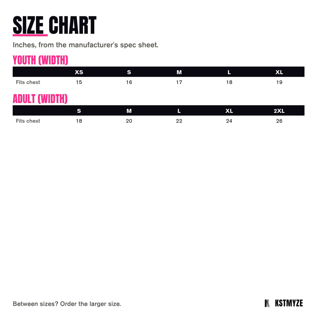Mitzvah Party Tee size chart: youth XS to XL and adult S to 2XL, chest width in inches