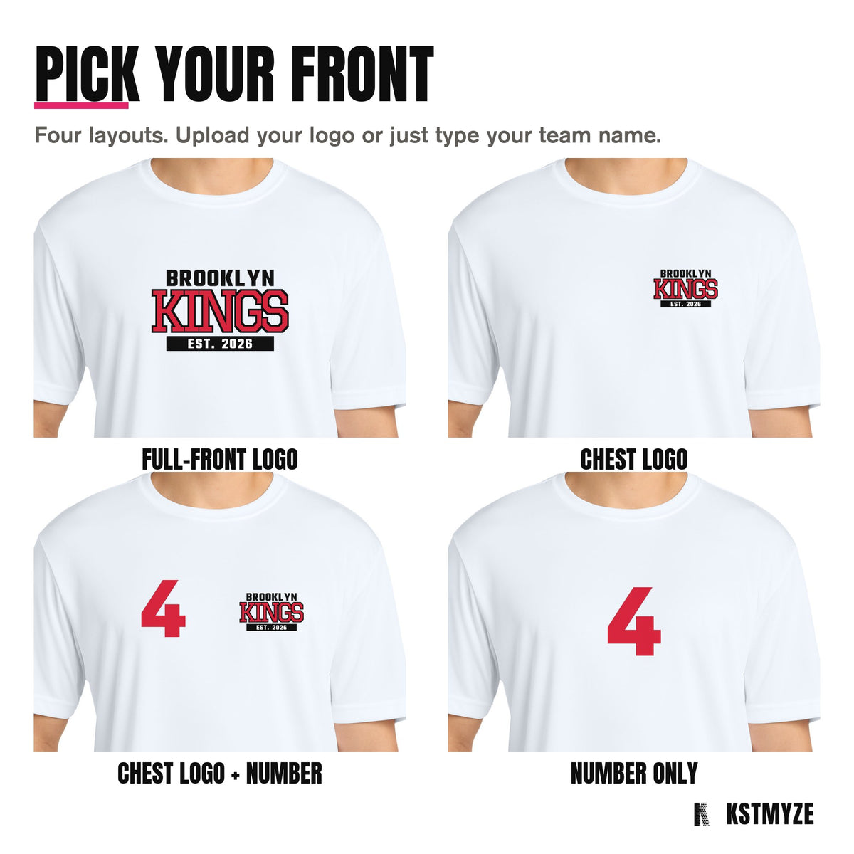 Four front layouts on the ST350 team tee: full-front logo, chest logo, chest logo with a number, and number only