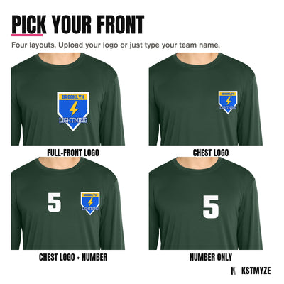 Four front layouts on the Sport-Tek ST350LS Long Sleeve PosiCharge Competitor Team Tee: full-front logo, chest logo, chest logo with a number, and number only