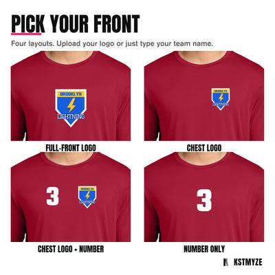 Four front layouts on the Port & Company PC380LS Long Sleeve Performance Team Tee: full-front logo, chest logo, chest logo with a number, and number only
