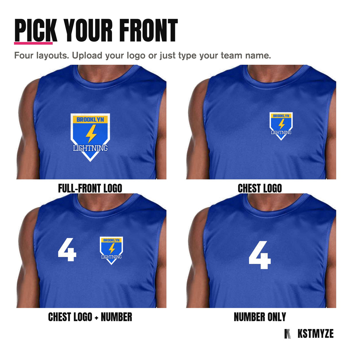 Four front layouts on the Team 365 TT11M Zone Performance Muscle Team Tee: full-front logo, chest logo, chest logo with a number, and number only