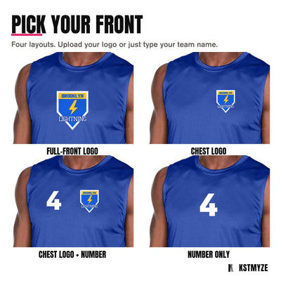 Four front layouts on the Team 365 TT11M Zone Performance Muscle Team Tee: full-front logo, chest logo, chest logo with a number, and number only