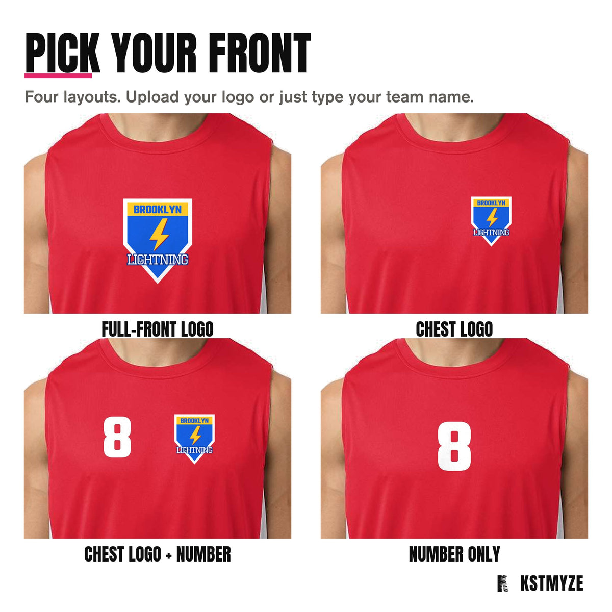 Four front layouts on the Team 365 TT115 Zone Performance Reversible Team Jersey: full-front logo, chest logo, chest logo with a number, and number only