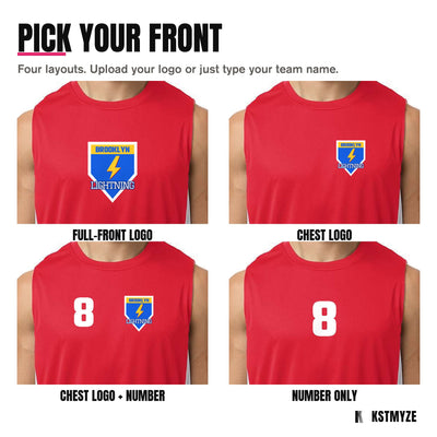 Four front layouts on the Team 365 TT115 Zone Performance Reversible Team Jersey: full-front logo, chest logo, chest logo with a number, and number only
