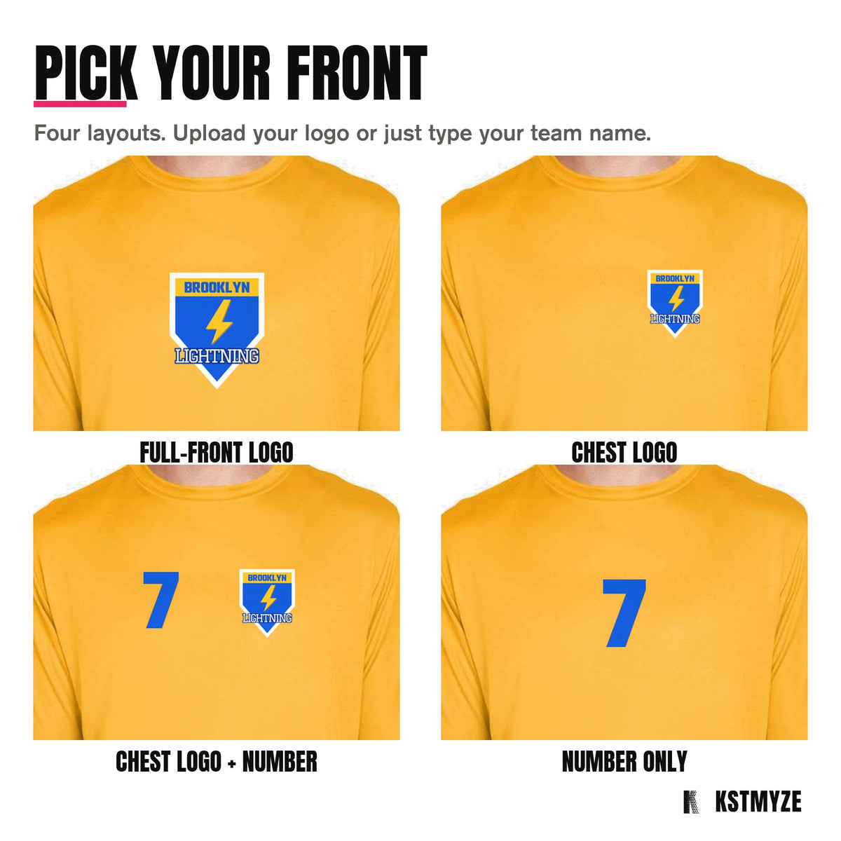 Four front layouts on the Team 365 TT11 Zone Performance Team Tee: full-front logo, chest logo, chest logo with a number, and number only