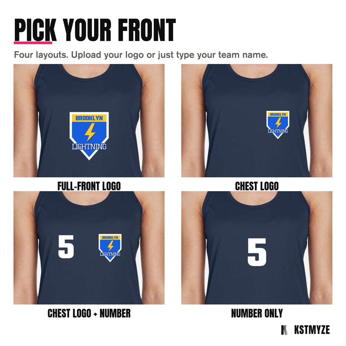Four front layouts on the Team 365 TT11WRC Women's Zone Performance Racerback Team Tank: full-front logo, chest logo, chest logo with a number, and number only