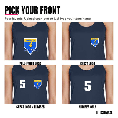 Four front layouts on the Team 365 TT11WRC Women's Zone Performance Racerback Team Tank: full-front logo, chest logo, chest logo with a number, and number only