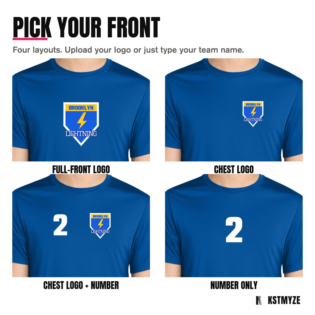 Four front layouts on the Sport-Tek ST420 Posi-UV Pro Team Tee: full-front logo, chest logo, chest logo with a number, and number only