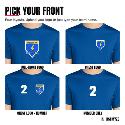 Four front layouts on the Sport-Tek ST420 Posi-UV Pro Team Tee: full-front logo, chest logo, chest logo with a number, and number only