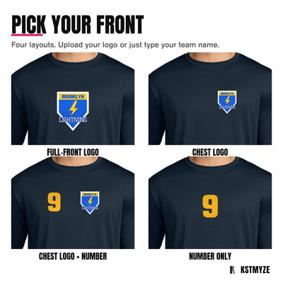 Four front layouts on the Port & Company PC380 Performance Team Tee: full-front logo, chest logo, chest logo with a number, and number only