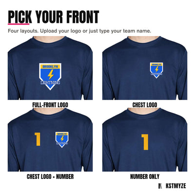 Four front layouts on the Team 365 TT11L Zone Performance Long Sleeve Team Tee: full-front logo, chest logo, chest logo with a number, and number only
