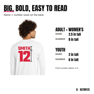 Name and number sizes: adult name 2.5 inches, number 8 inches; youth name 2 inches, number 6 inches