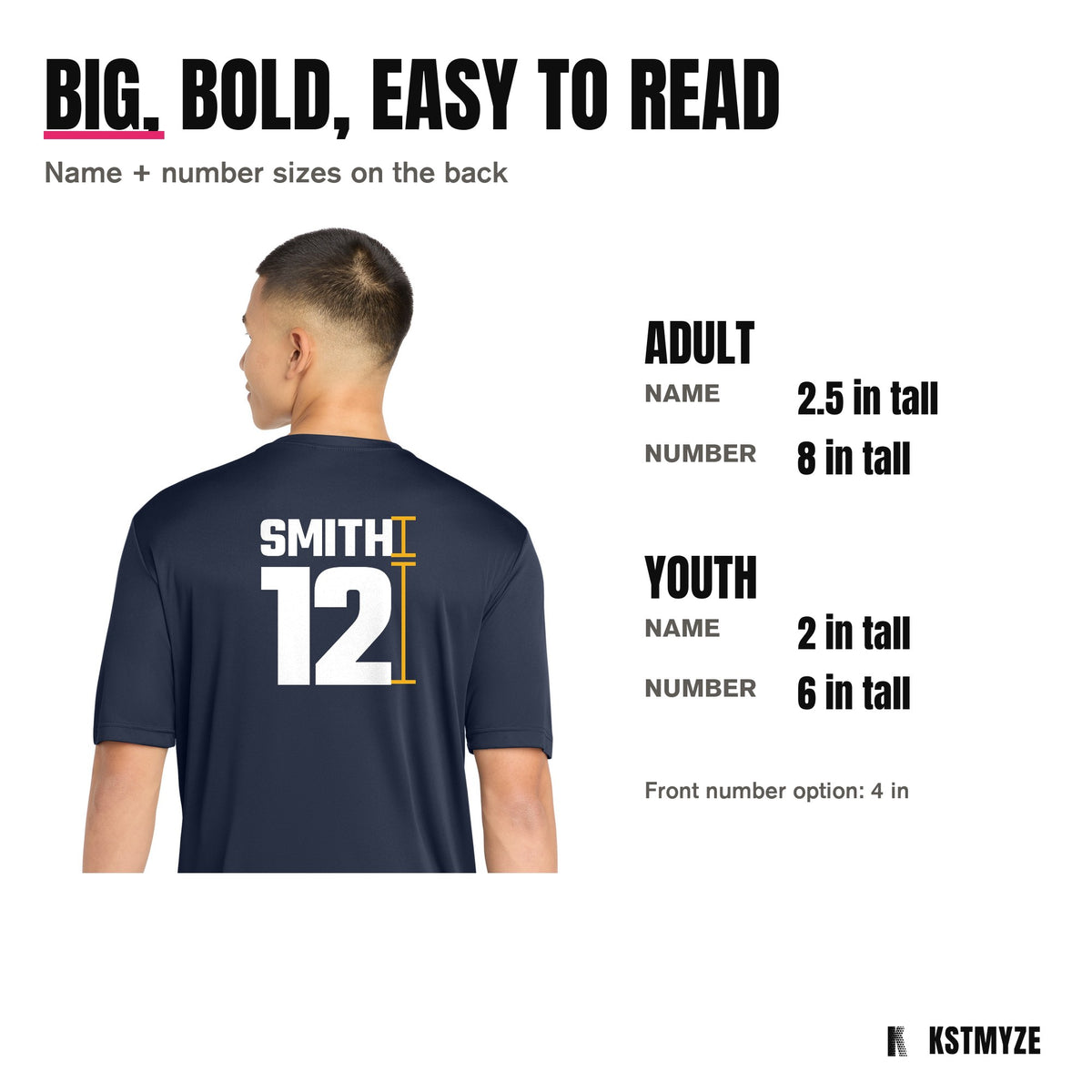 Name and number sizes on the back of a navy ST350: adult name 2.5 inches and number 8 inches, youth name 2 inches and number 6 inches