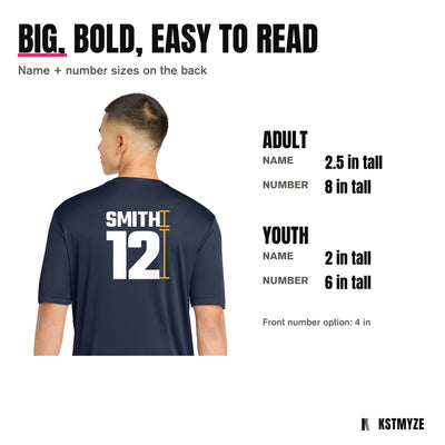 Name and number sizes on the back of a navy ST350: adult name 2.5 inches and number 8 inches, youth name 2 inches and number 6 inches