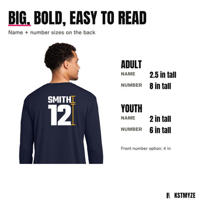 Name and number sizes: adult name 2.5 inches, number 8 inches; youth name 2 inches, number 6 inches