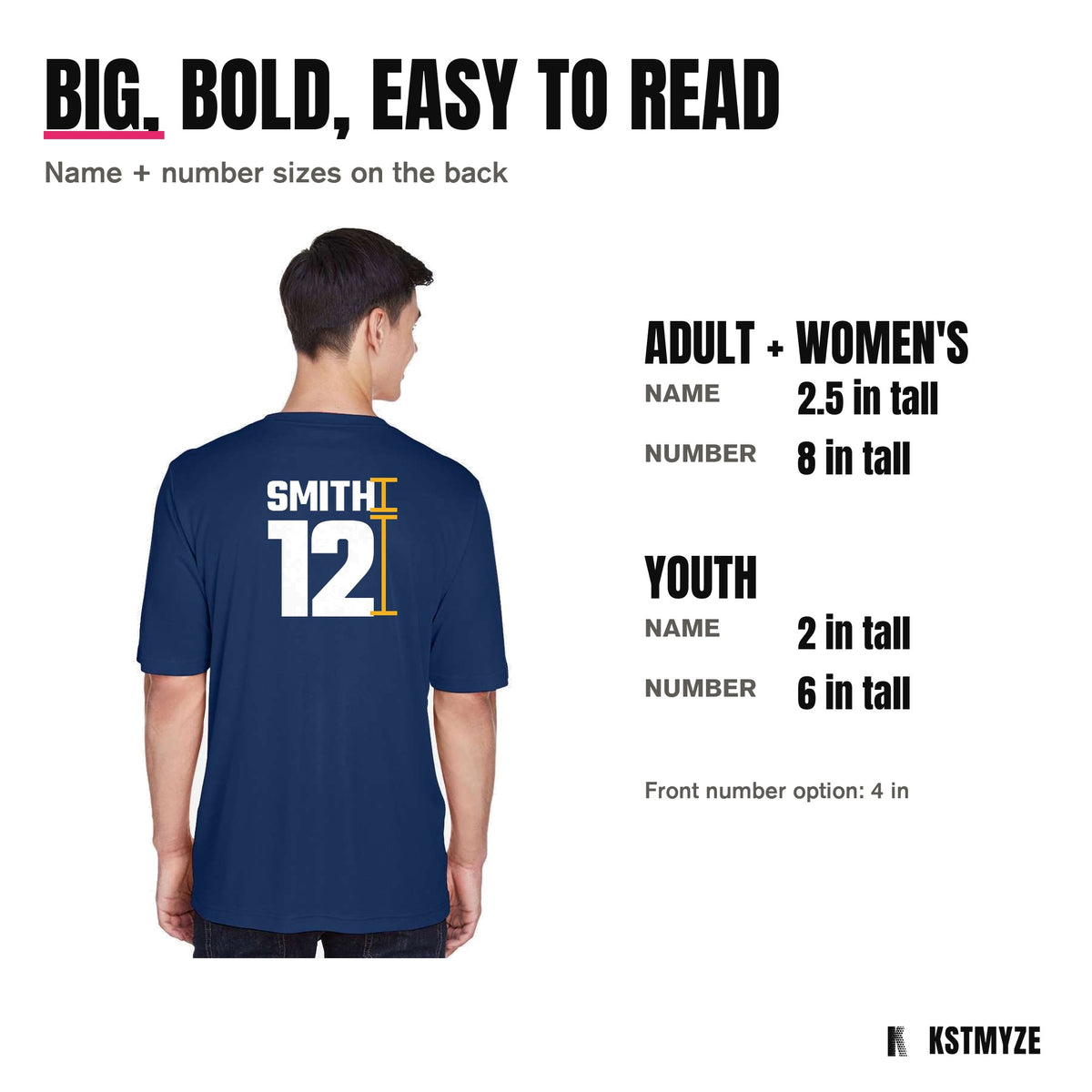 Name and number sizes: adult name 2.5 inches, number 8 inches; youth name 2 inches, number 6 inches