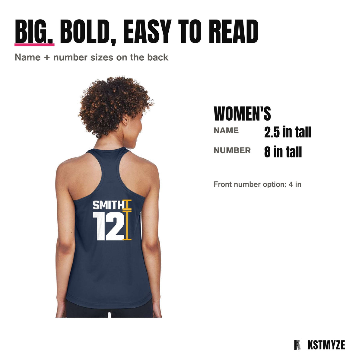 Name and number sizes: adult name 2.5 inches, number 8 inches