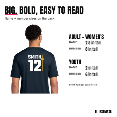 Name and number sizes: adult name 2.5 inches, number 8 inches; youth name 2 inches, number 6 inches