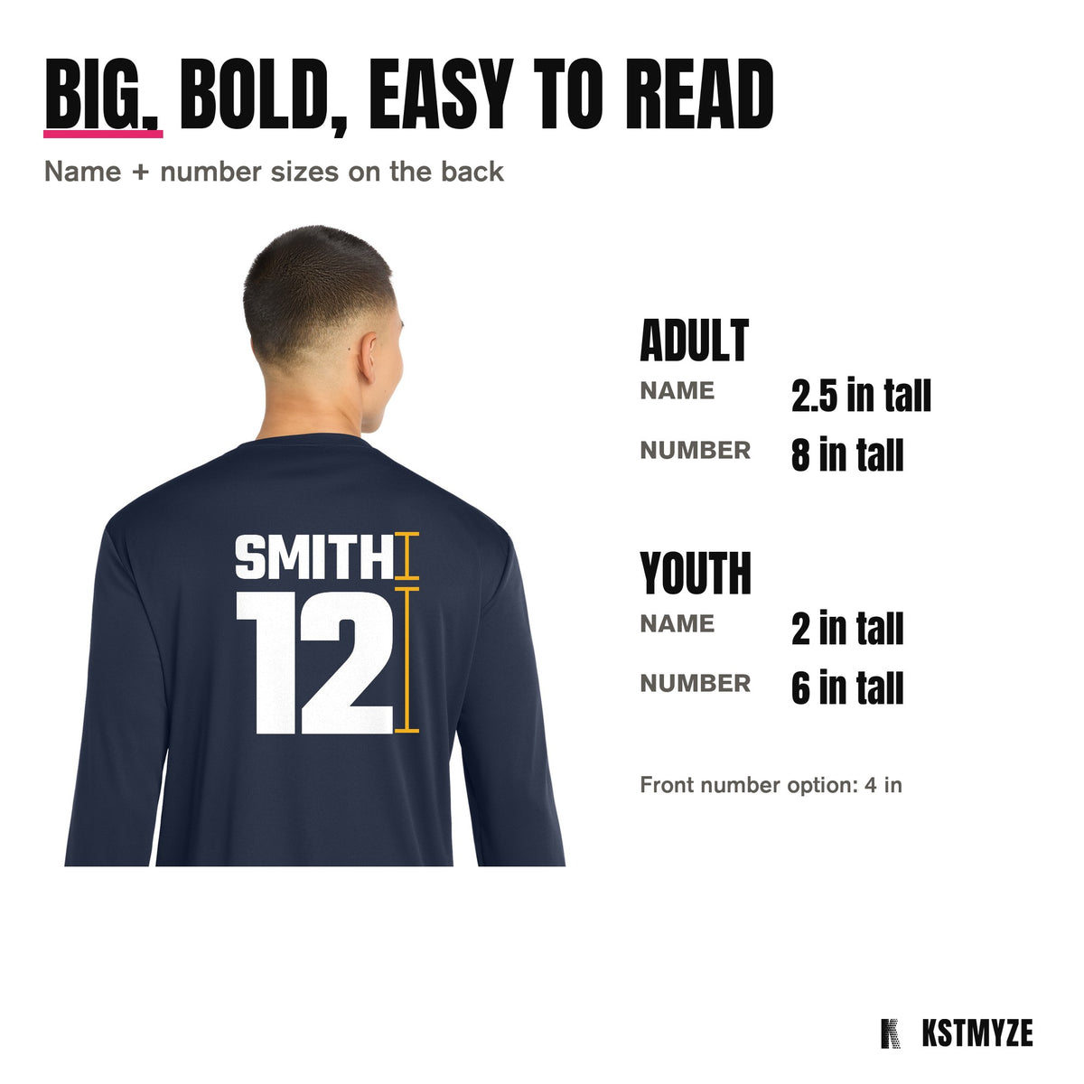 Name and number sizes: adult name 2.5 inches, number 8 inches; youth name 2 inches, number 6 inches