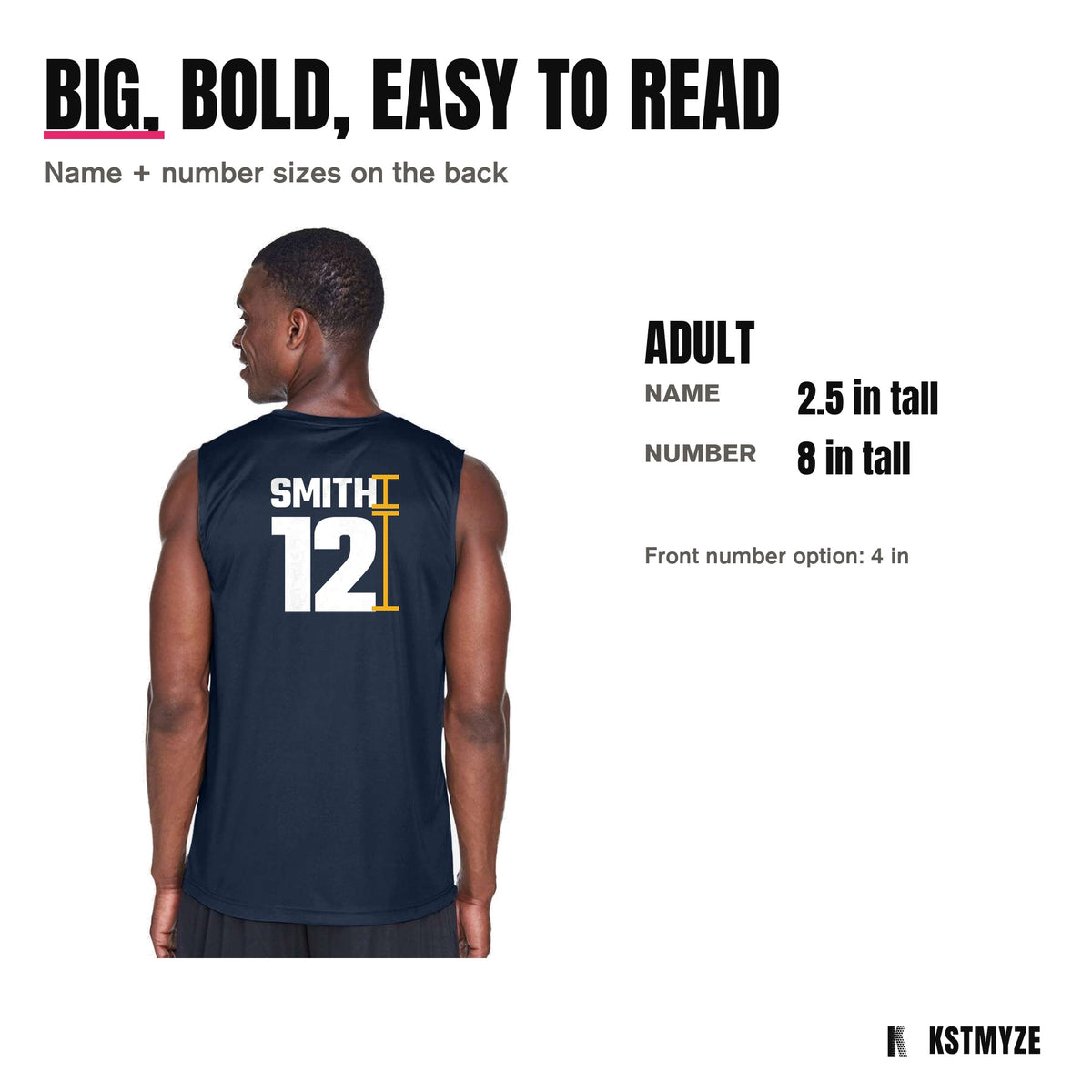 Name and number sizes: adult name 2.5 inches, number 8 inches