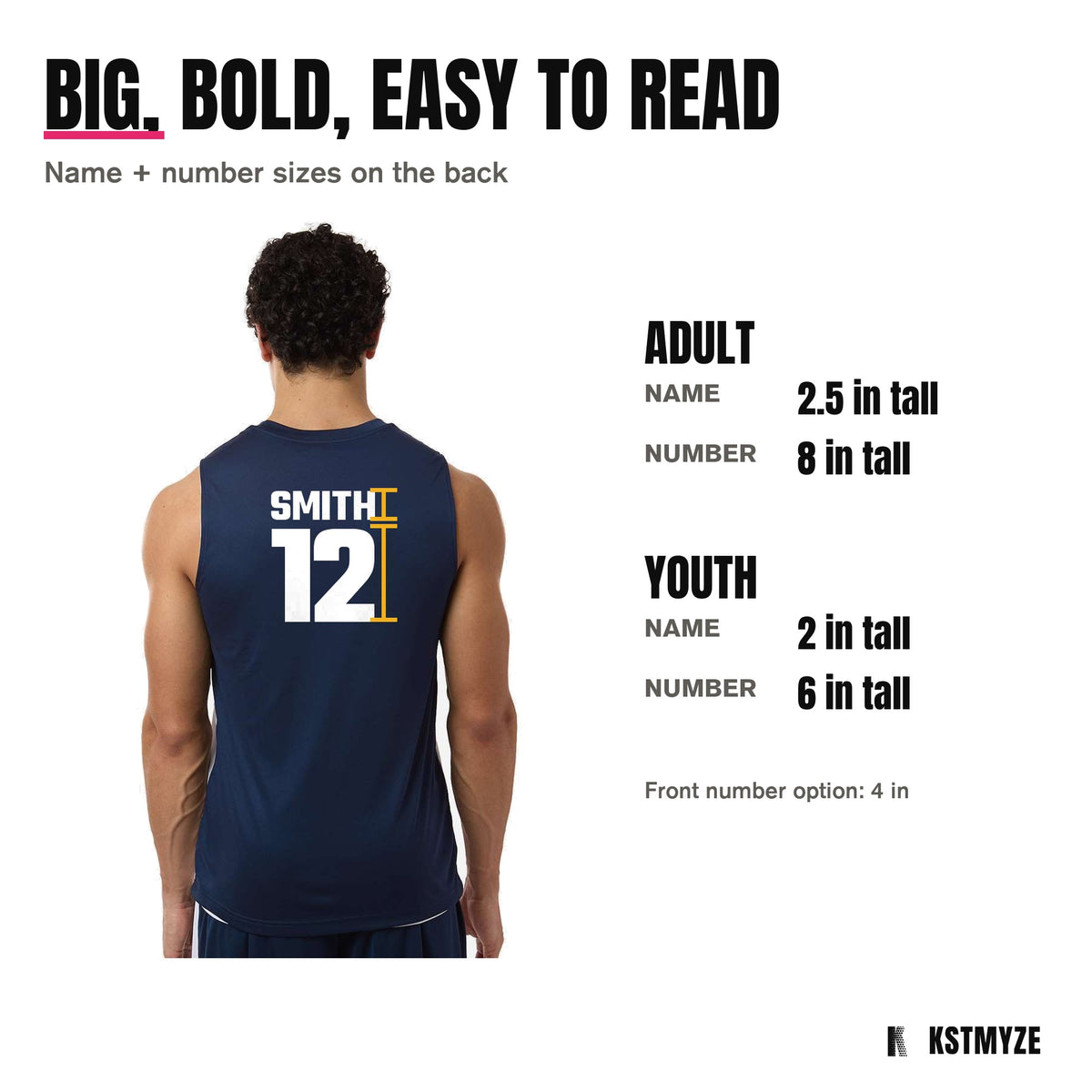 Name and number sizes: adult name 2.5 inches, number 8 inches; youth name 2 inches, number 6 inches