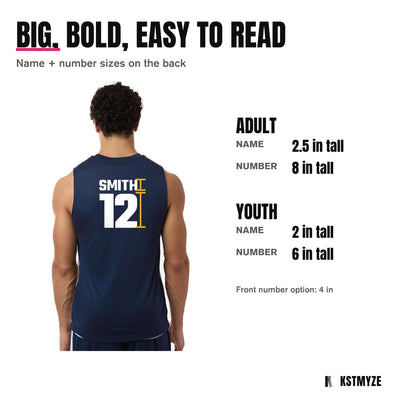 Name and number sizes: adult name 2.5 inches, number 8 inches; youth name 2 inches, number 6 inches