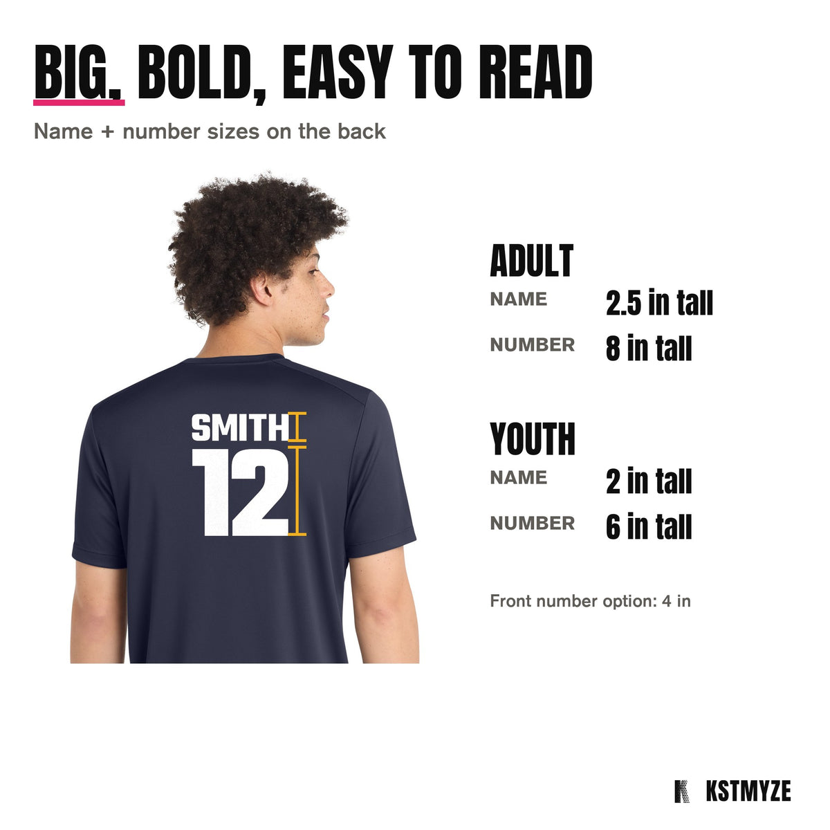 Name and number sizes: adult name 2.5 inches, number 8 inches; youth name 2 inches, number 6 inches