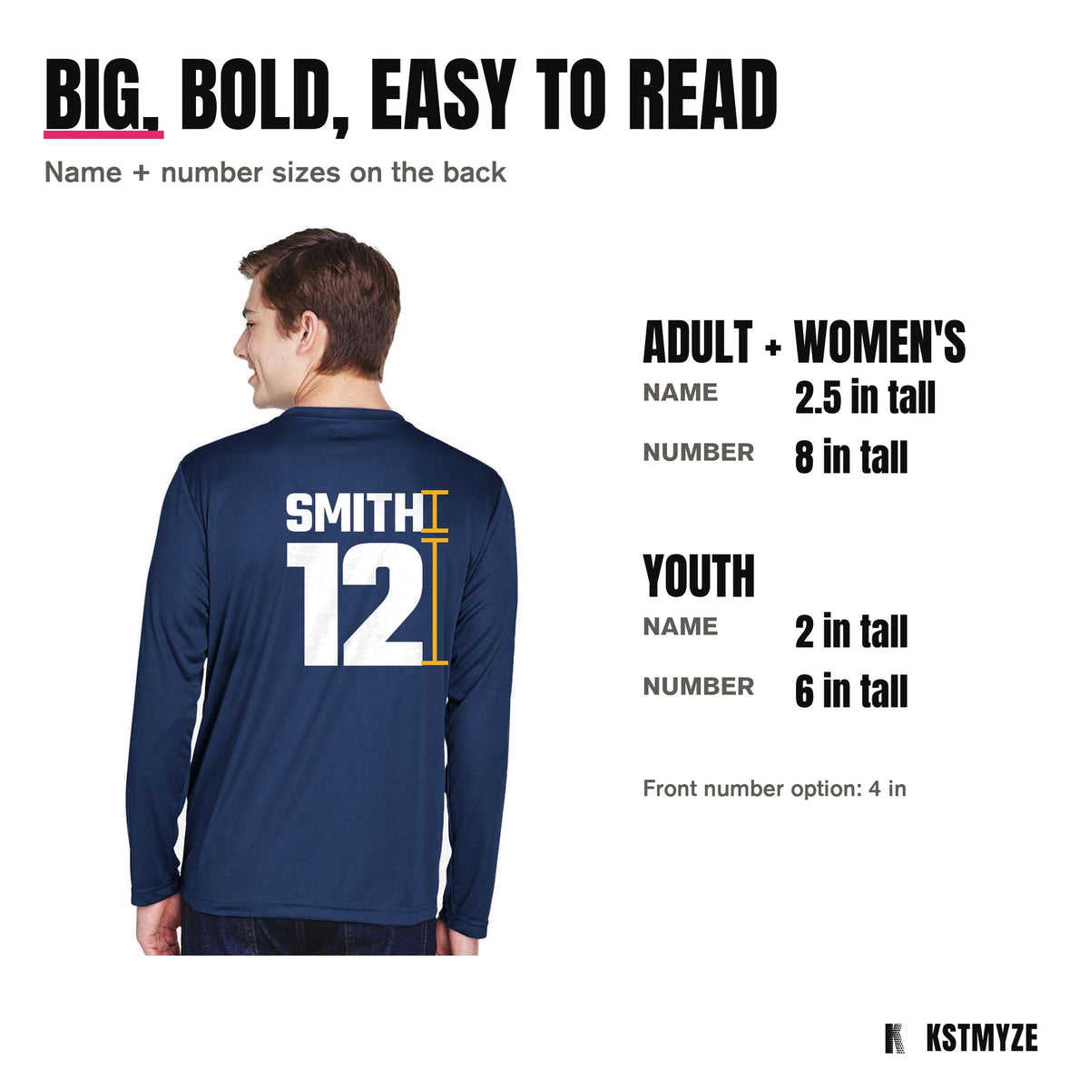 Name and number sizes: adult name 2.5 inches, number 8 inches; youth name 2 inches, number 6 inches