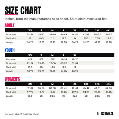 Sport-Tek ST420LS Posi-UV Pro Long Sleeve Team Tee size chart: adult XS to 4XL, youth XS to XL, women's XS to 4XL, in inches