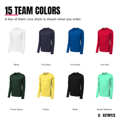Sport-Tek ST420LS Posi-UV Pro Long Sleeve Team Tee in 15 colors, including White, True Navy, True Royal, True Red, Forest Green, Yellow, Black, Bright Seafoam