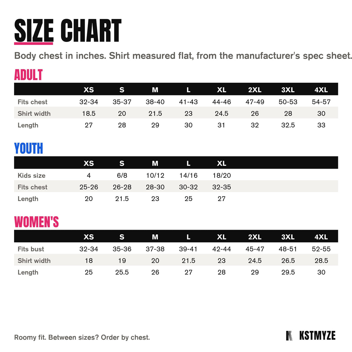ST350 size chart: adult XS to 4XL, youth XS to XL, and women's XS to 4XL with chest, width and length in inches
