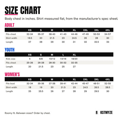 ST350 size chart: adult XS to 4XL, youth XS to XL, and women's XS to 4XL with chest, width and length in inches
