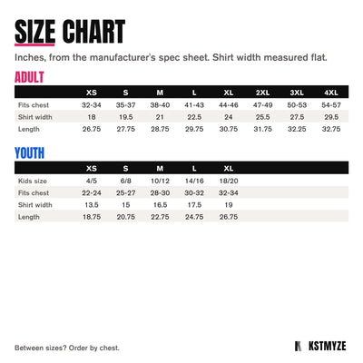 Sport-Tek ST420 Posi-UV Pro Team Tee size chart: adult XS to 4XL, youth XS to XL, in inches