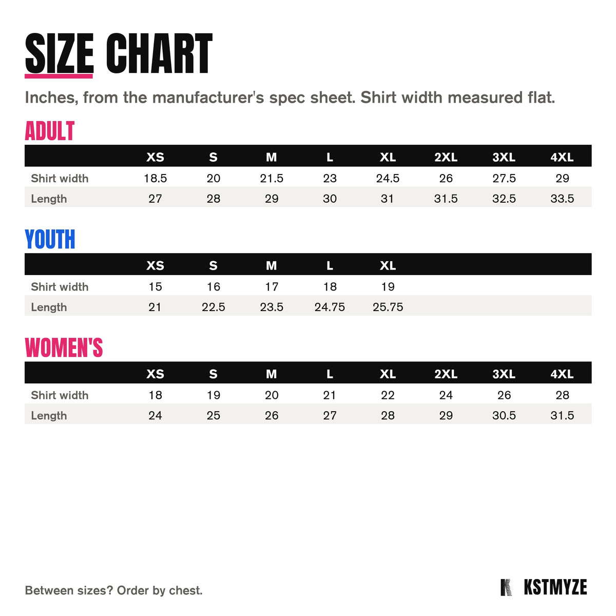 Team 365 TT11 Zone Performance Team Tee size chart: adult XS to 4XL, youth XS to XL, women's XS to 4XL, in inches