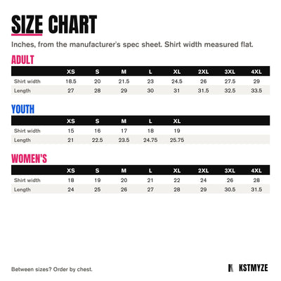 Team 365 TT11 Zone Performance Team Tee size chart: adult XS to 4XL, youth XS to XL, women's XS to 4XL, in inches