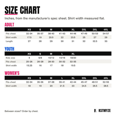 Port & Company PC380 Performance Team Tee size chart: adult XS to 4XL, youth XS to XL, women's XS to 4XL, in inches