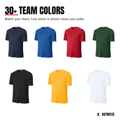 ST350 team tee colors: navy, royal, red, forest green, black, gold and white; 30 plus colors available