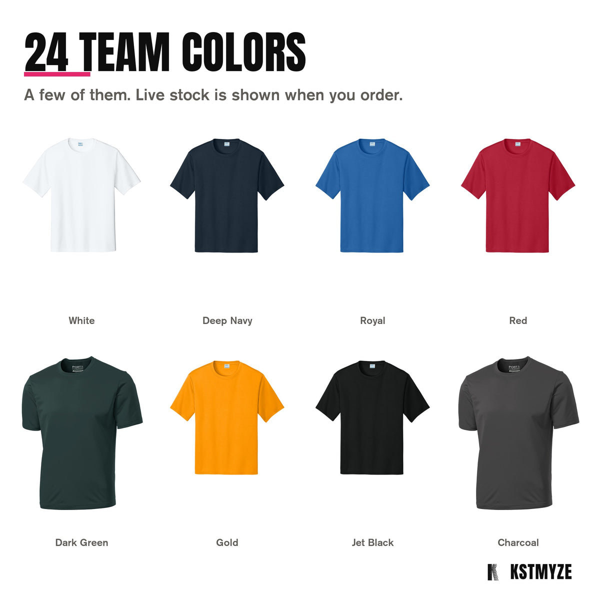 Port & Company PC380 Performance Team Tee in 24 colors, including White, Deep Navy, Royal, Red, Dark Green, Gold, Jet Black, Charcoal