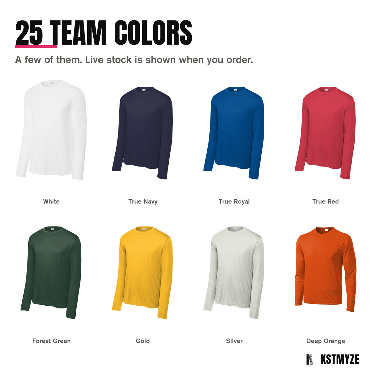 Sport-Tek ST350LS Long Sleeve PosiCharge Competitor Team Tee in 25 colors, including White, True Navy, True Royal, True Red, Forest Green, Gold, Silver, Deep Orange