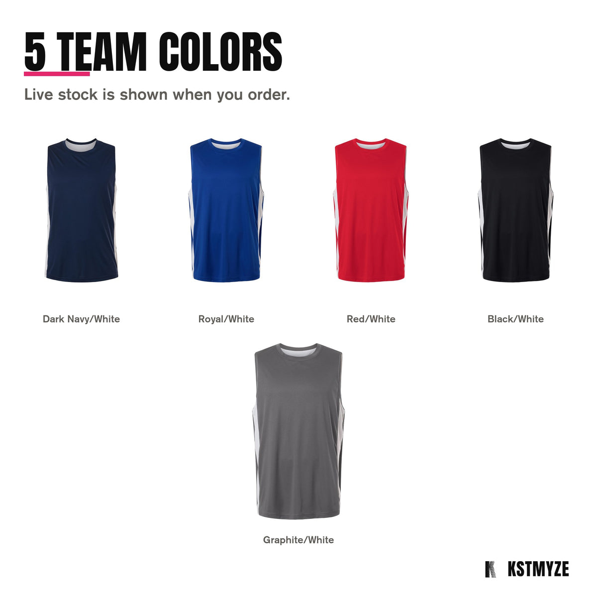 Team 365 TT115 Zone Performance Reversible Team Jersey in 5 colors, including Sport Dark Navy/ White, Sport Royal/ White, Sport Red/ White, Black/ White, Sport Graphite/ White