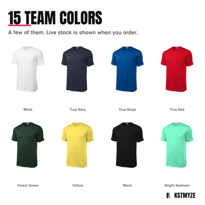 Sport-Tek ST420 Posi-UV Pro Team Tee in 15 colors, including White, True Navy, True Royal, True Red, Forest Green, Yellow, Black, Bright Seafoam