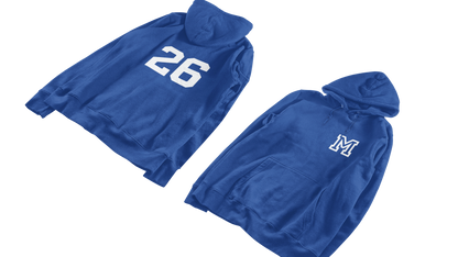 Two blue hoodies with numbers and letters on a white background