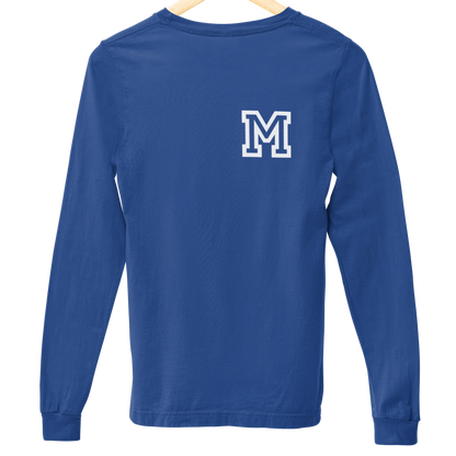 Blue long-sleeve shirt with a white 'M' on a hanger against a white background