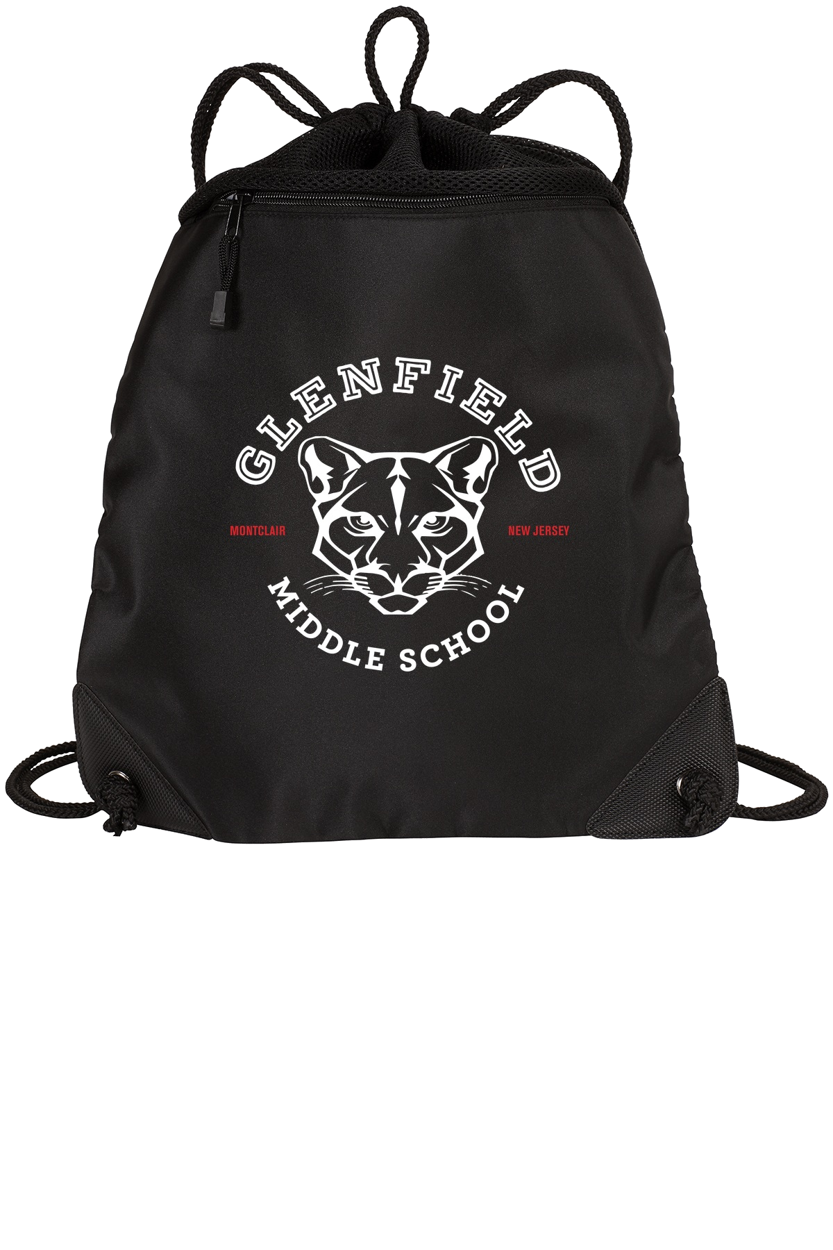 Glenfield cougar crest black cinch pack with front zippered pocket